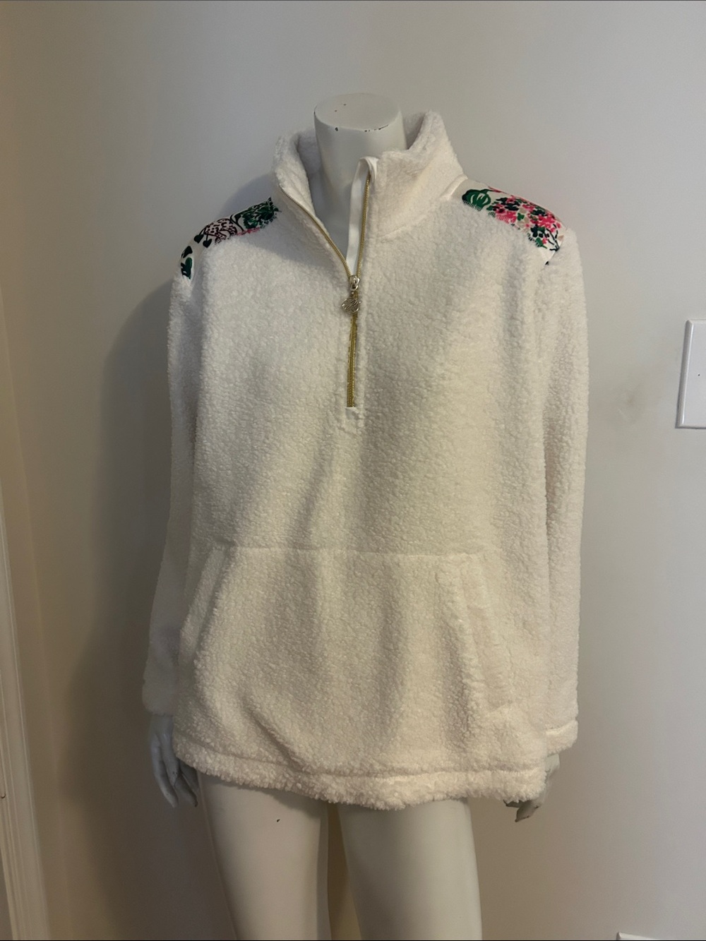 Lilly Pulitzer White Sherpa Pullover with Floral Shoulder Accents